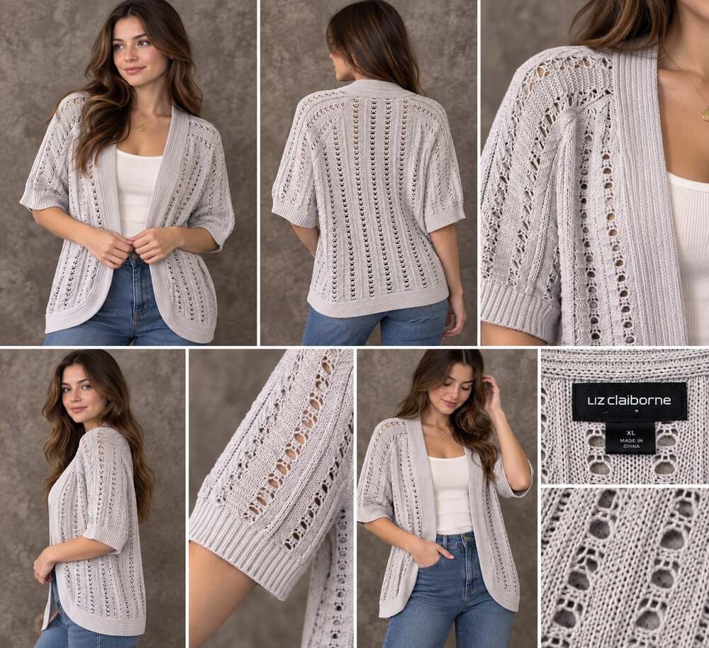 Liz Claiborne Open Front Cardigan Size M Grey Cotton Pointelle Knit